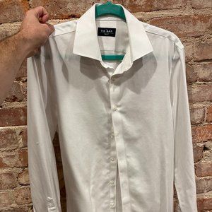 Tie Bar Dress Shirt - White Herringbonme Trim Fit - French Cuffs 15.5, 34/35